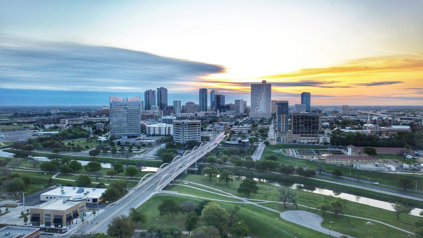 Aerial view of Ft Worth skyline at sunrise